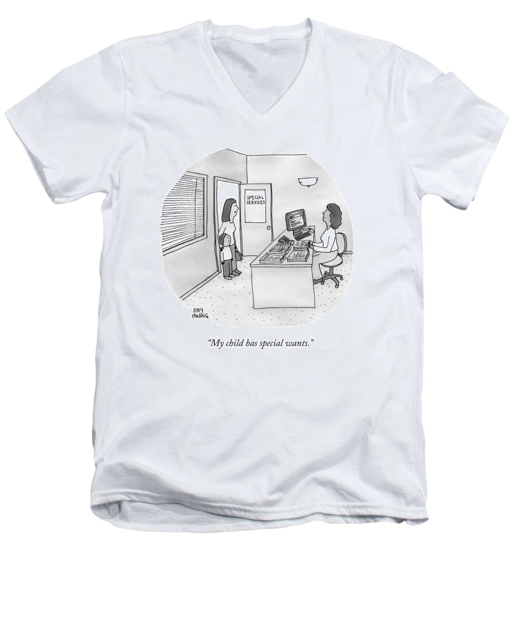 Special Needs Men's V-Neck T-Shirt featuring the drawing A Mother Brings Her Son Into A Room Labeled by Amy Hwang