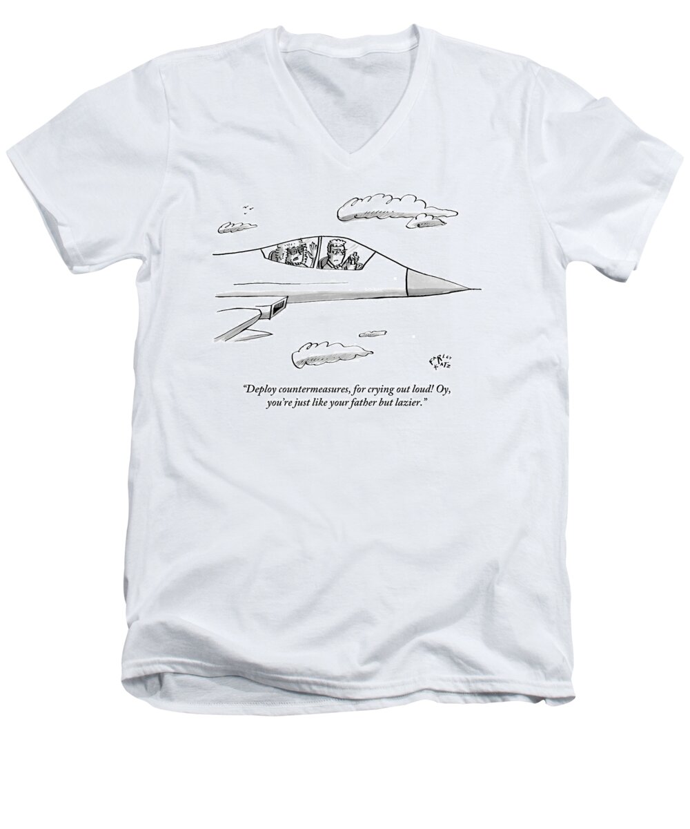 Mothers Men's V-Neck T-Shirt featuring the drawing A Mother Pesters Her Son About His Flying by Farley Katz