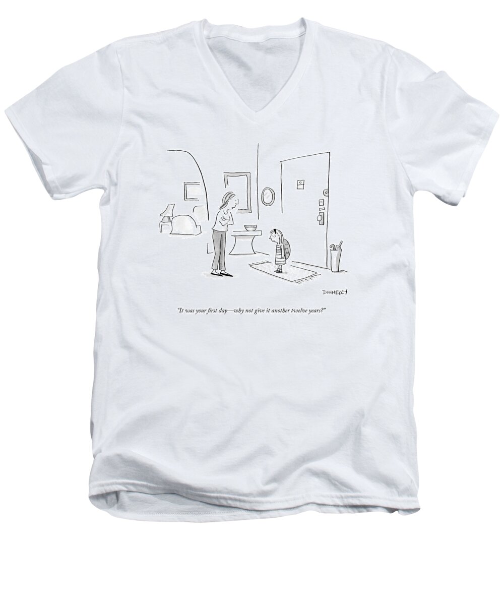 School Men's V-Neck T-Shirt featuring the drawing A Mother Talks To Her Daughter by Liza Donnelly