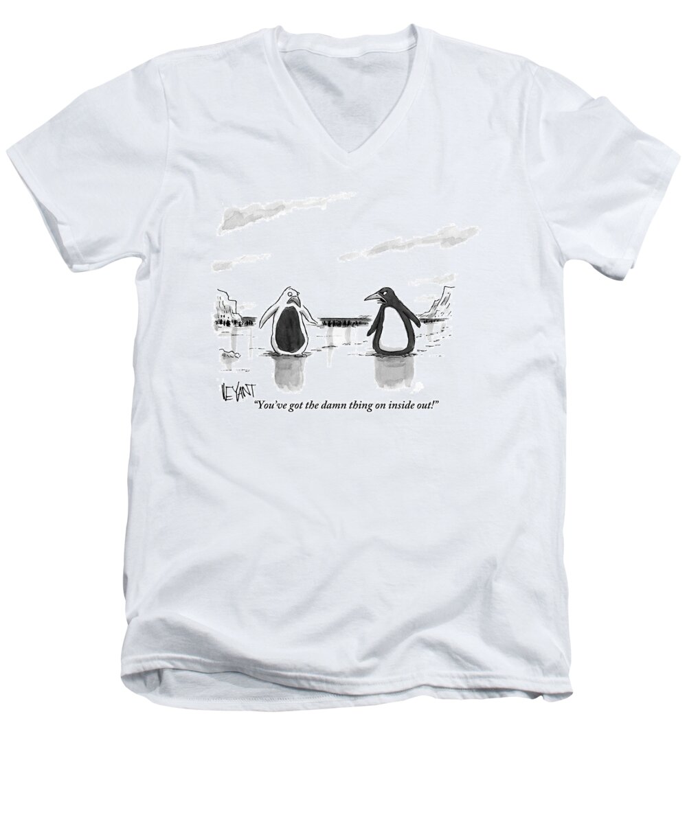 Penguins Men's V-Neck T-Shirt featuring the drawing A Penguin Is Seen Talking To Another Penguin by Christopher Weyant