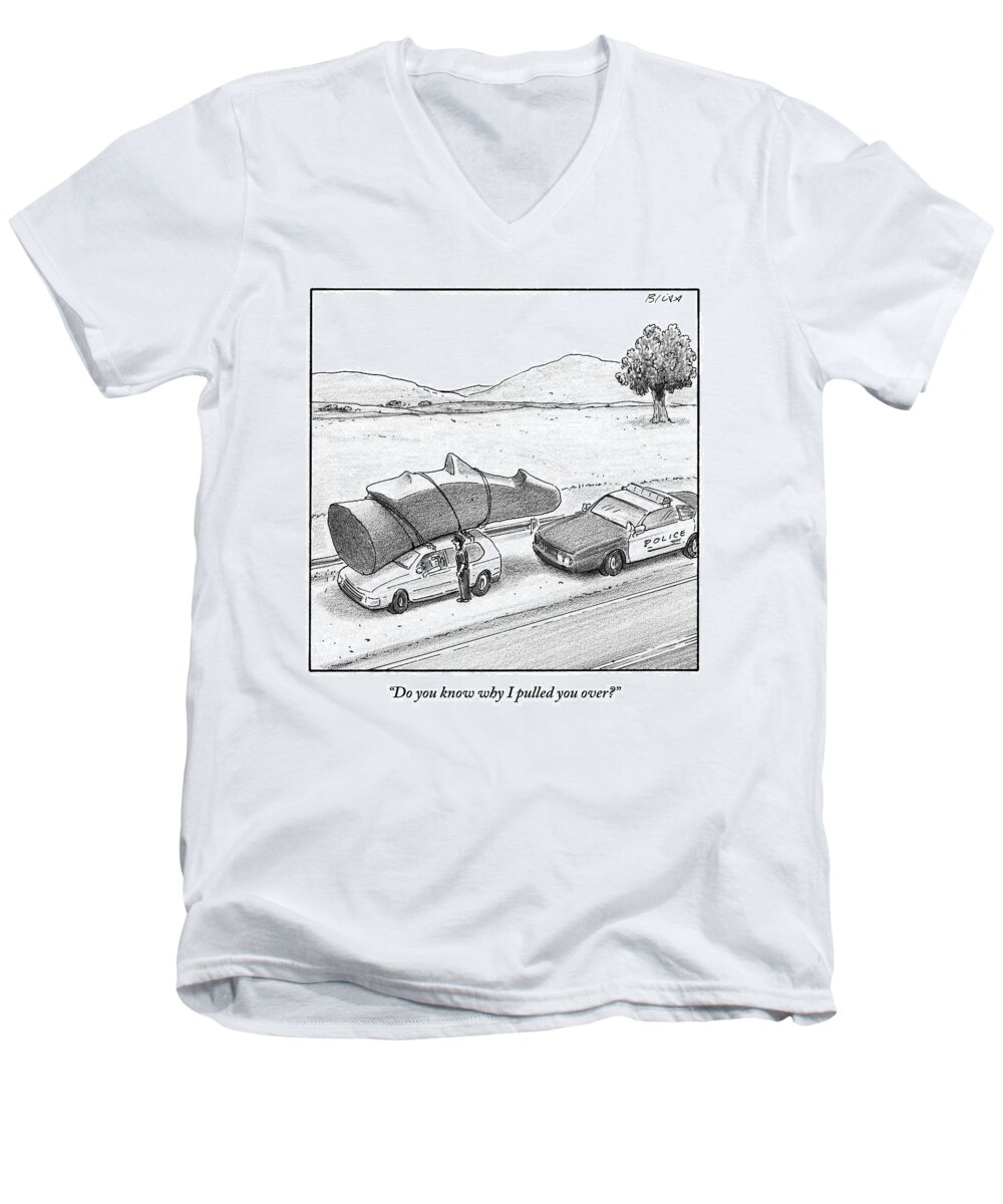Easter Island Head Men's V-Neck T-Shirt featuring the drawing A Police Officer Has Pulled Over A Car With An by Harry Bliss