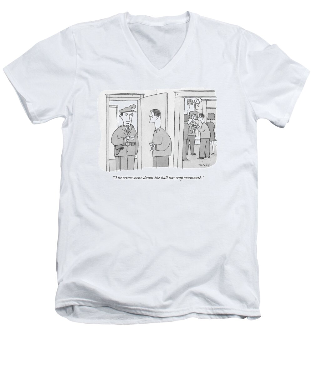 Police Men's V-Neck T-Shirt featuring the drawing A Policeman With A Martini Glass Stands by Peter C. Vey