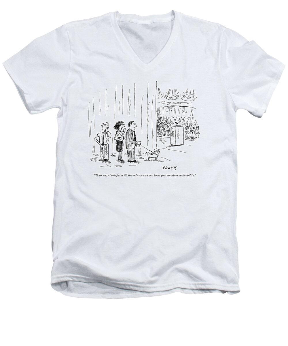 Politics Men's V-Neck T-Shirt featuring the drawing A Political Consultant Gives Her Client A Puppy by David Sipress
