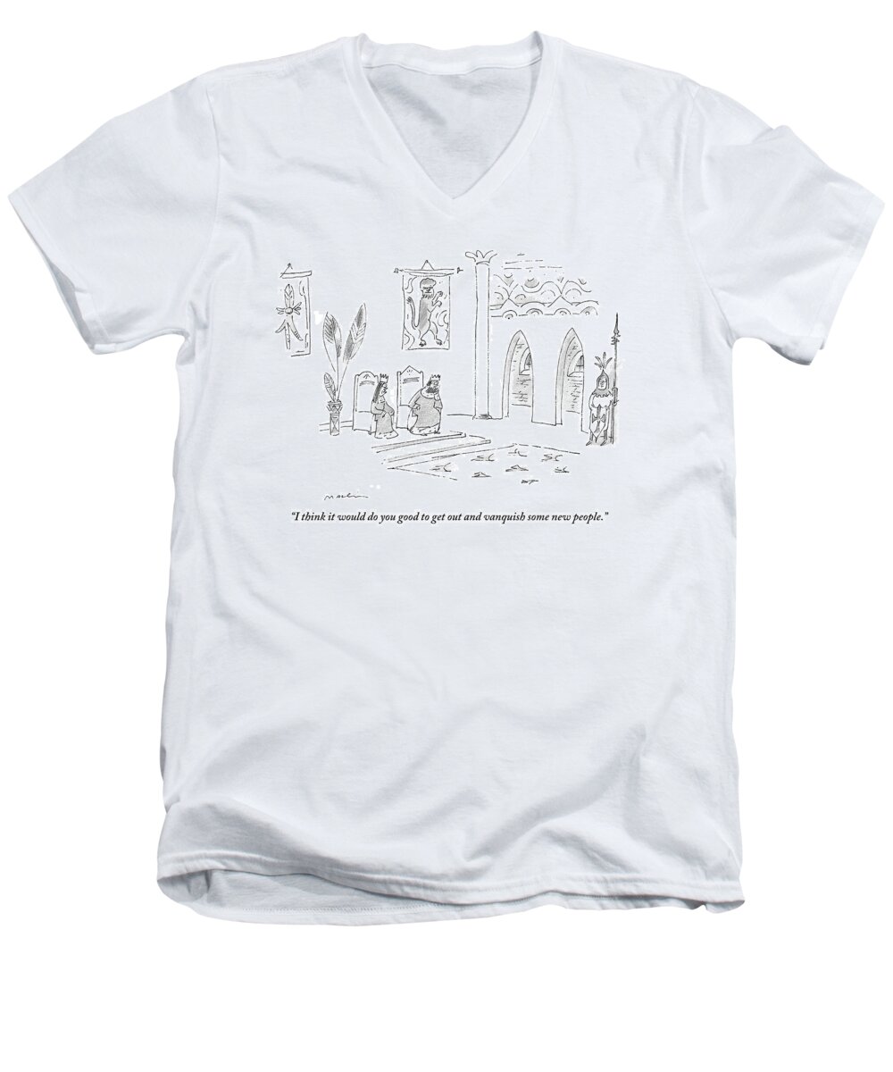 Royalty Men's V-Neck T-Shirt featuring the drawing A Queen Speaks To Her Bored-looking Husband by Michael Maslin