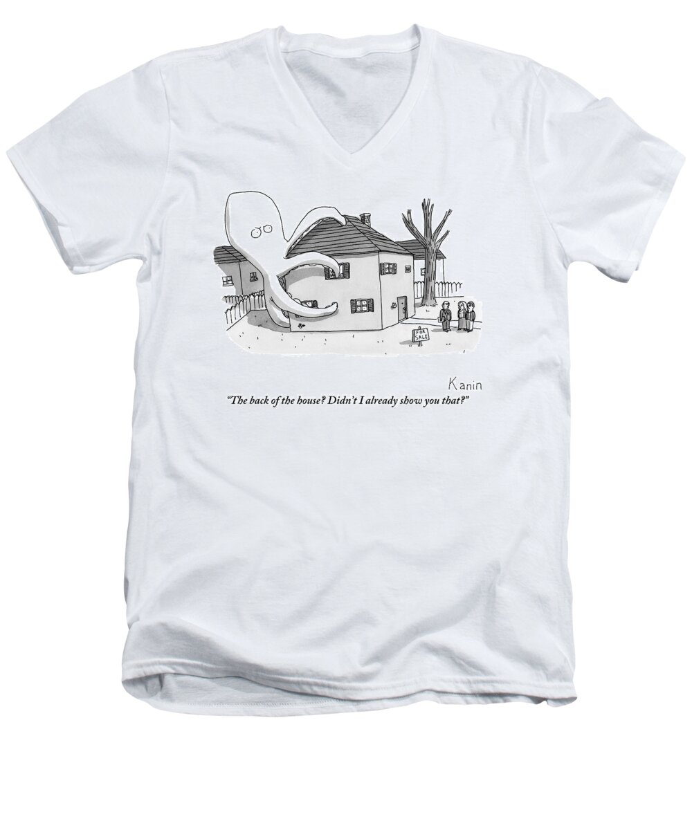 Real Estate Men's V-Neck T-Shirt featuring the drawing A Real Estate Agent Tries To Hide From Potential by Zachary Kanin