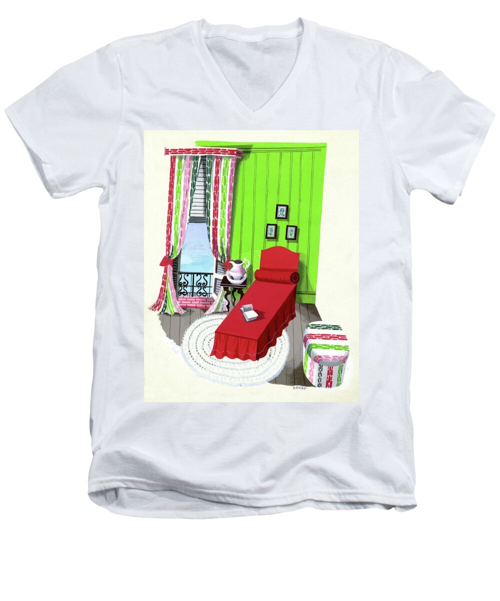 Illustration Men's V-Neck T-Shirt featuring the digital art A Red Bed In A Bedroom by Edna Eicke