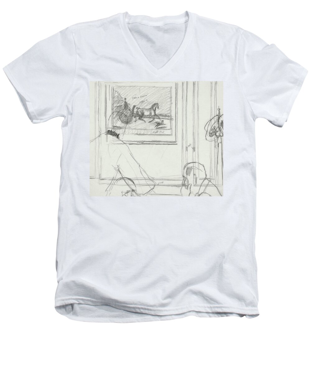 Illustration Men's V-Neck T-Shirt featuring the digital art A Sketch Of A Horse Painting At A Bar by Carl Oscar August Erickson