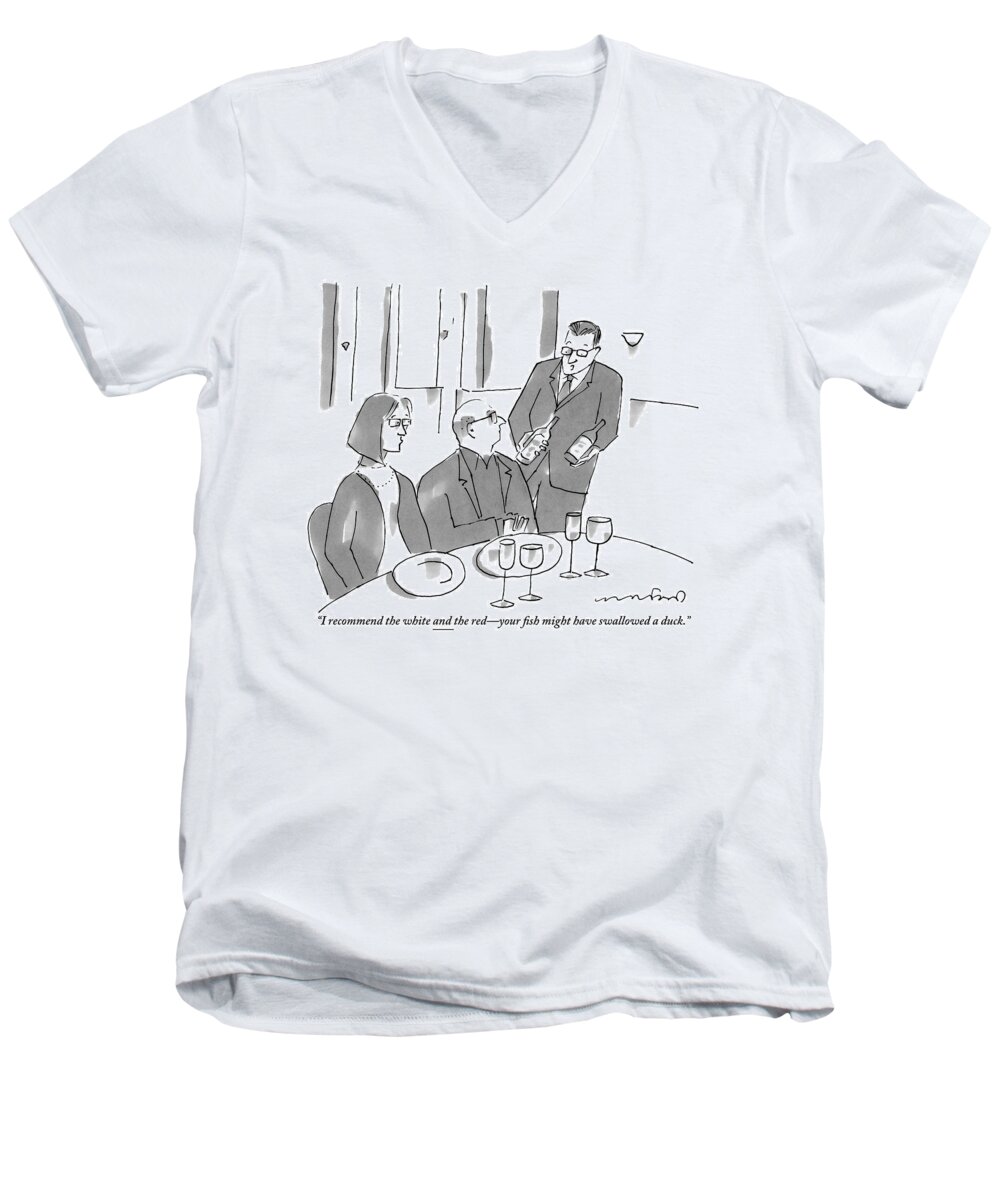 Waiters Men's V-Neck T-Shirt featuring the drawing A Sommelier Holds Up Two Bottles Of Wine by Michael Crawford