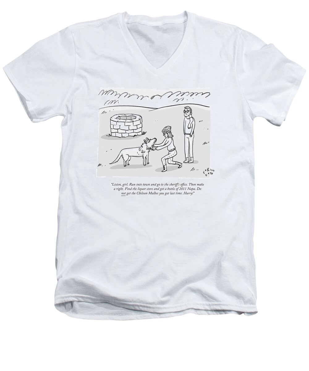 Lassie Men's V-Neck T-Shirt featuring the drawing A Stylish Woman By A Well Gives Instructions by Farley Katz