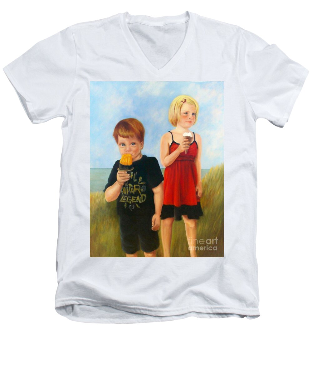 Boy & Girl Men's V-Neck T-Shirt featuring the painting A Summer's Day Treat by Marlene Book
