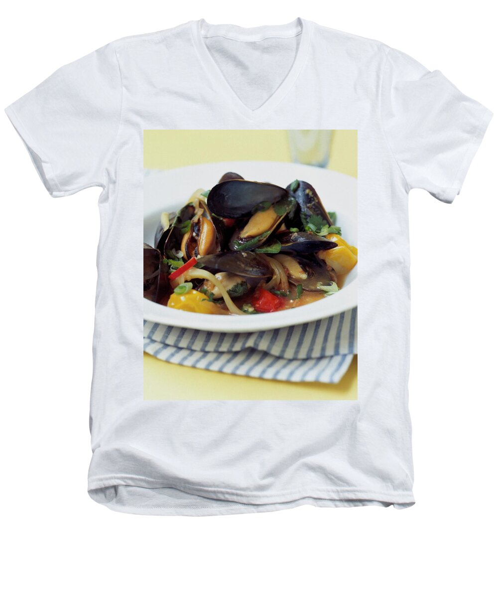 Cooking Men's V-Neck T-Shirt featuring the photograph A Thai Dish Of Mussels And Papaya by Romulo Yanes