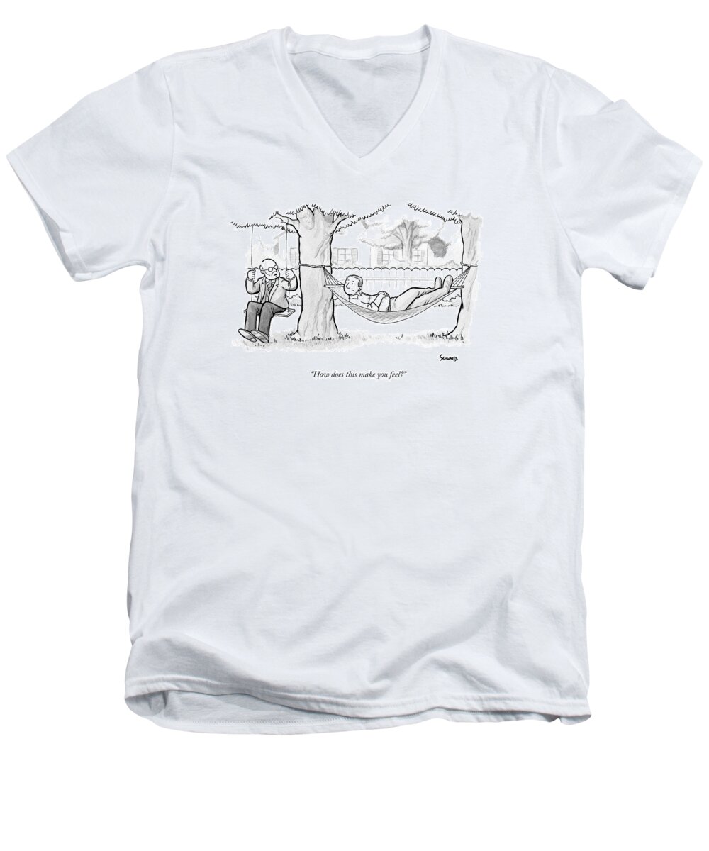 Psycho Analysis Men's V-Neck T-Shirt featuring the drawing A Therapist Sits On A Swing Behind And Addresses by Benjamin Schwartz