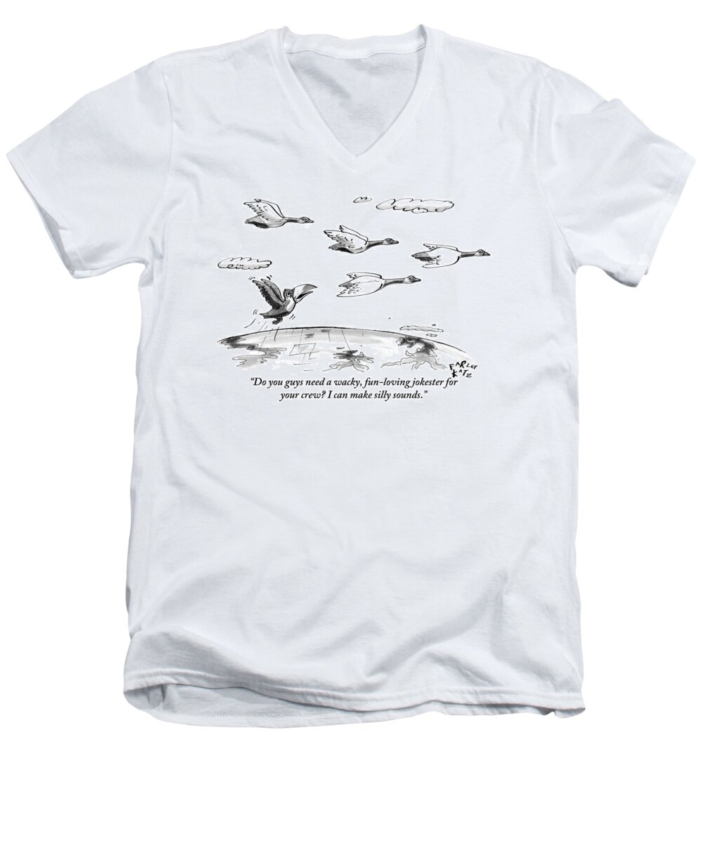 Birds Men's V-Neck T-Shirt featuring the drawing A Toucan Tries To Catch Up With Migrating Canada by Farley Katz