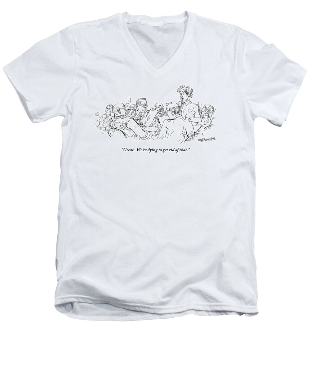 Waiter Men's V-Neck T-Shirt featuring the drawing A Waiter Addresses Three Men Ordering by William Hamilton