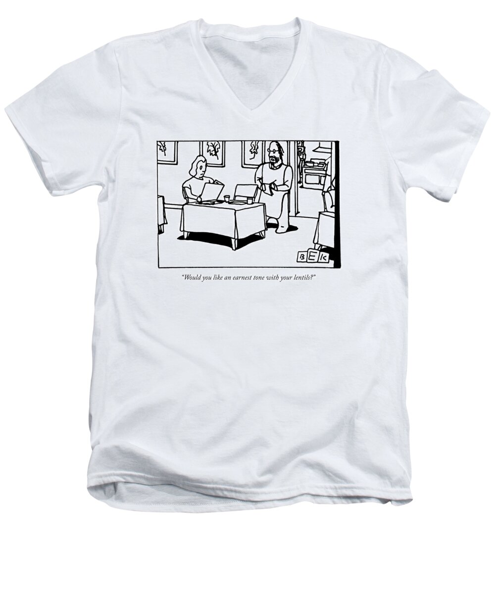 Waiter Men's V-Neck T-Shirt featuring the drawing A Waiter Asks A Woman Seated At The Table by Bruce Eric Kaplan