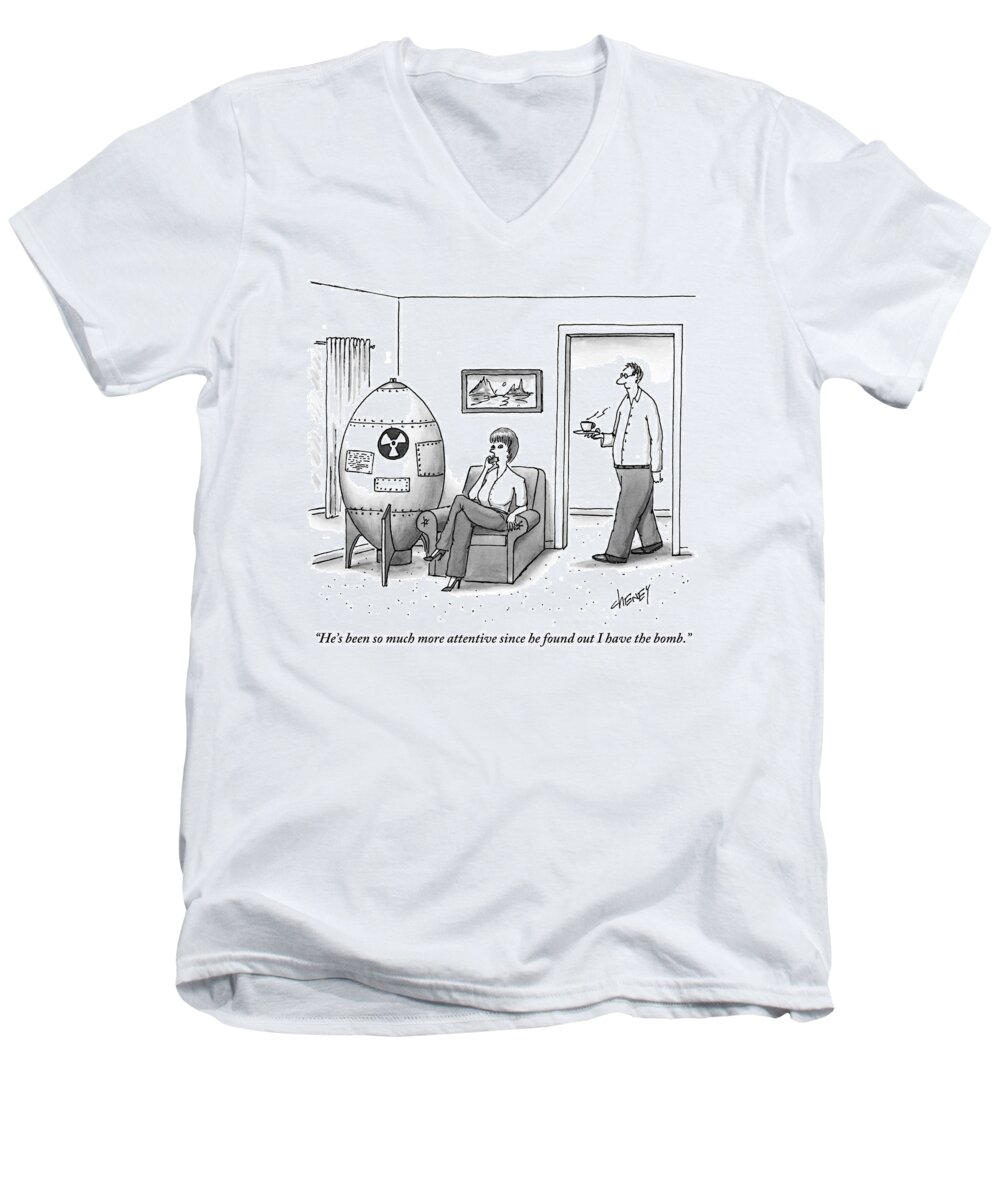Atom Bomb Men's V-Neck T-Shirt featuring the drawing A Wife On The Phone Sits Next To A Bomb by Tom Cheney