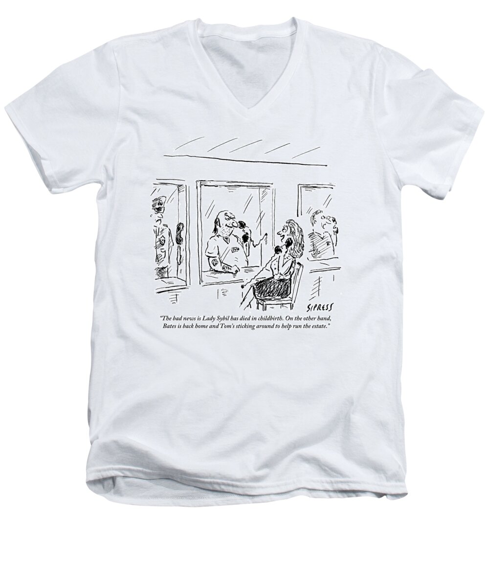 Jail Men's V-Neck T-Shirt featuring the drawing A Wife Visits Her Husband In Prison by David Sipress