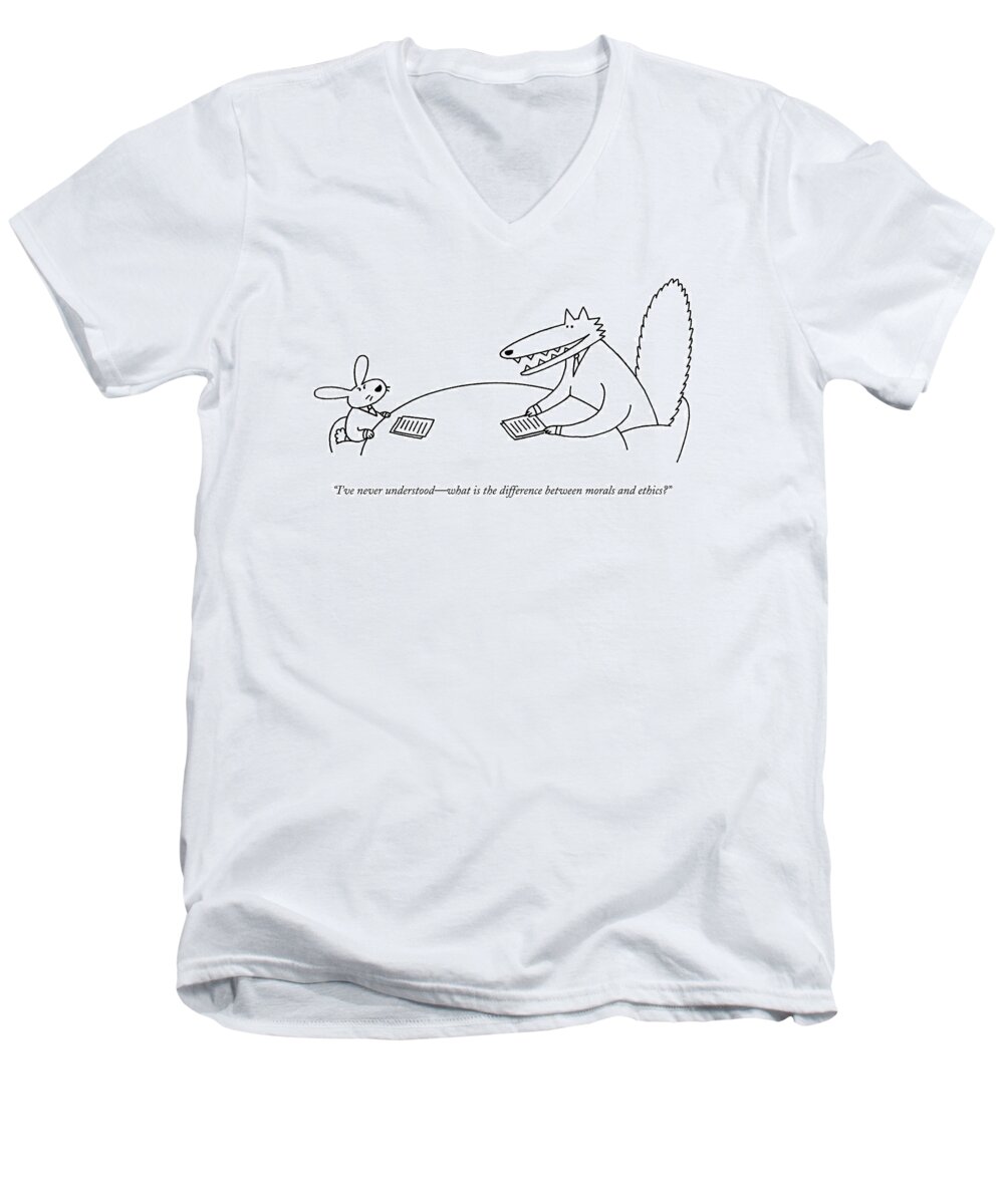 #condenastnewyorkercartoon Men's V-Neck T-Shirt featuring the drawing A Wolf Discusses Morality With A Rabbit by Charles Barsotti