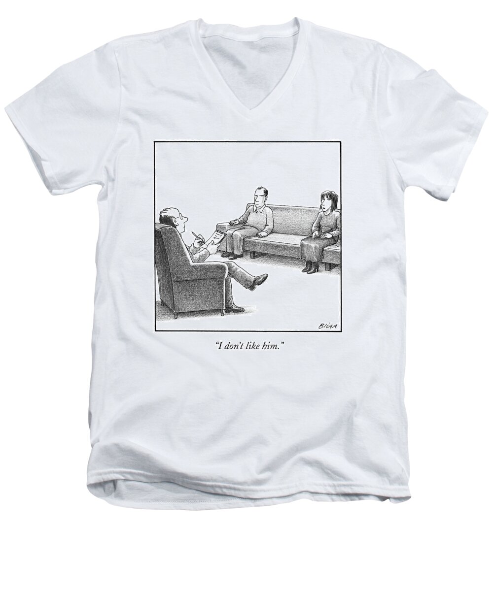 Marriage Counseling Men's V-Neck T-Shirt featuring the drawing A Woman And Man Sit On A Couch At Marriage by Harry Bliss