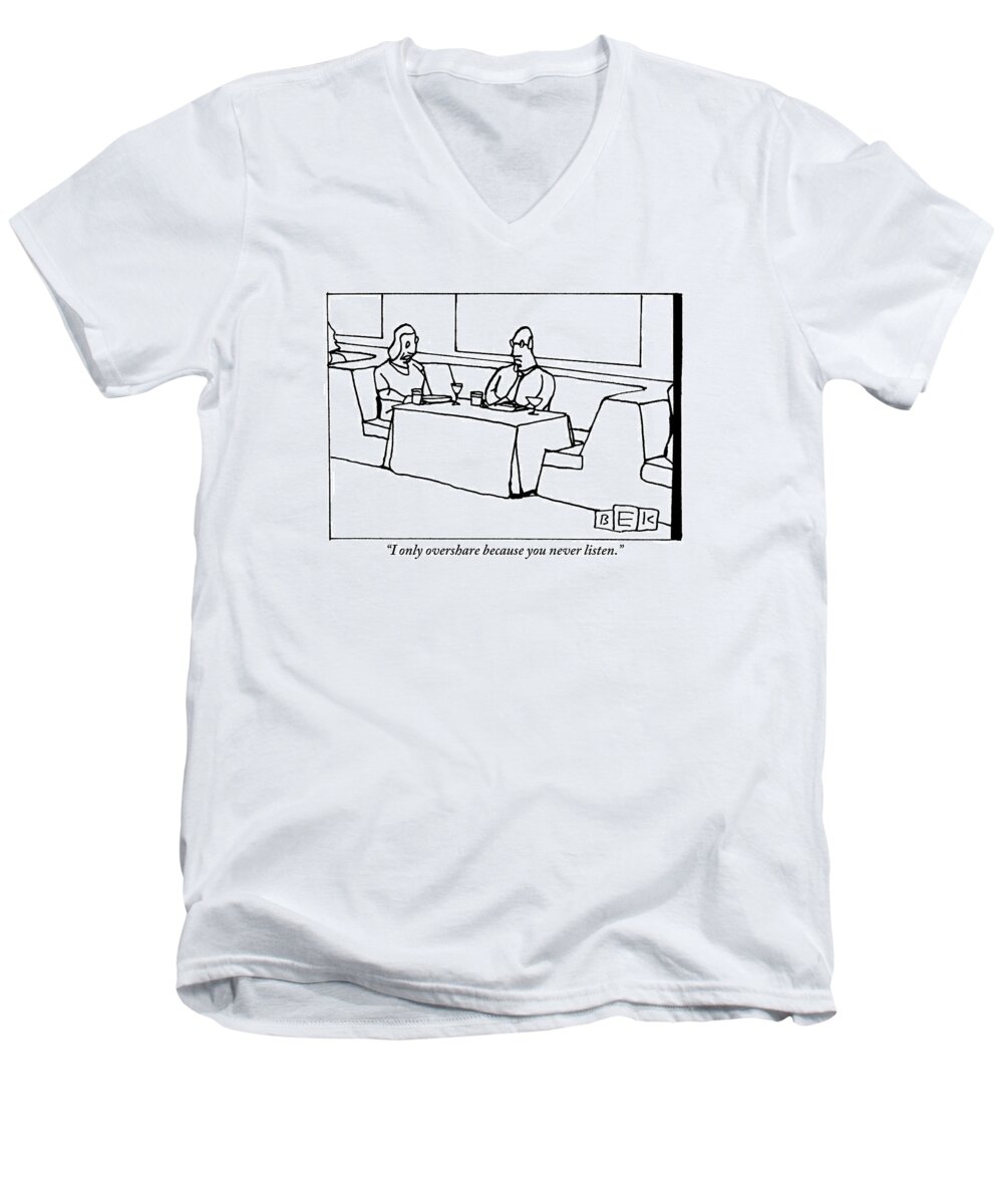 Man Men's V-Neck T-Shirt featuring the drawing A Woman Chastising A Man At A Dinner Table by Bruce Eric Kaplan