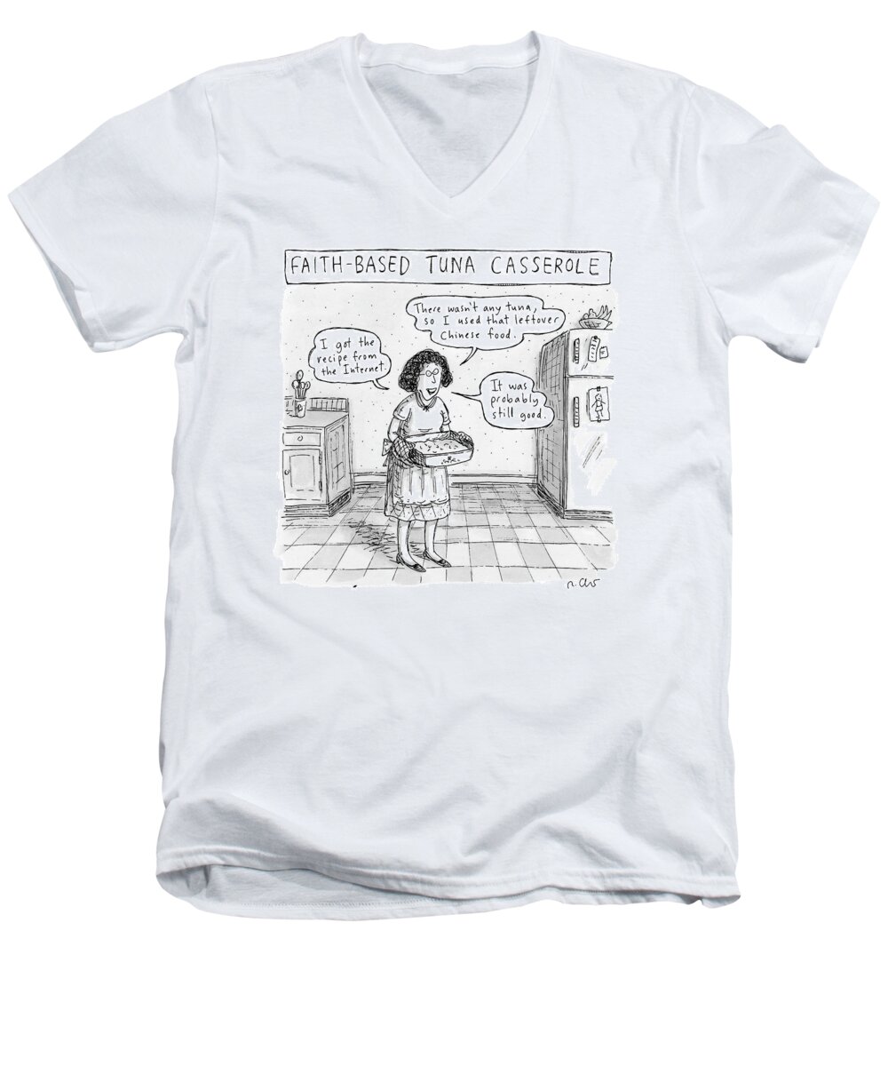 Captionless Men's V-Neck T-Shirt featuring the drawing A Woman Describes Her Tuna Casserole by Roz Chast