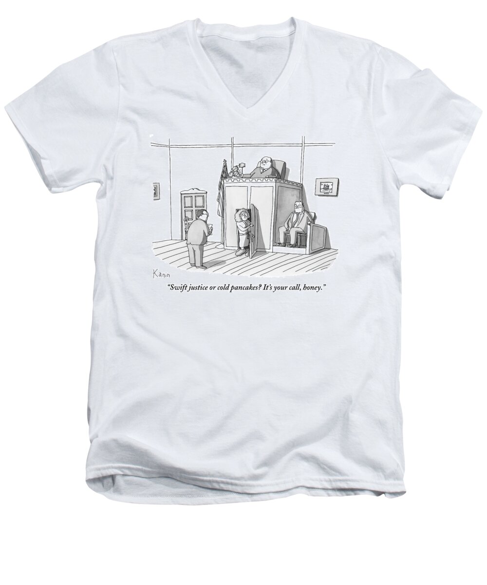 Courtroom Scenes Men's V-Neck T-Shirt featuring the drawing A Woman Dressed In A Bathrobe And Slippers by Zachary Kanin