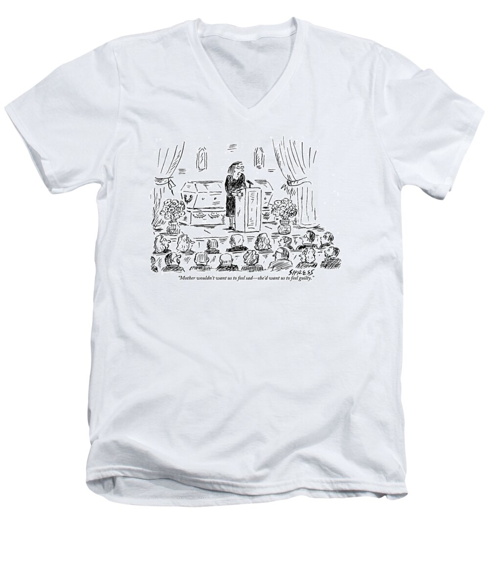 Mothers Men's V-Neck T-Shirt featuring the drawing A Woman Dressed In Black Speaks At Her Mother's by David Sipress
