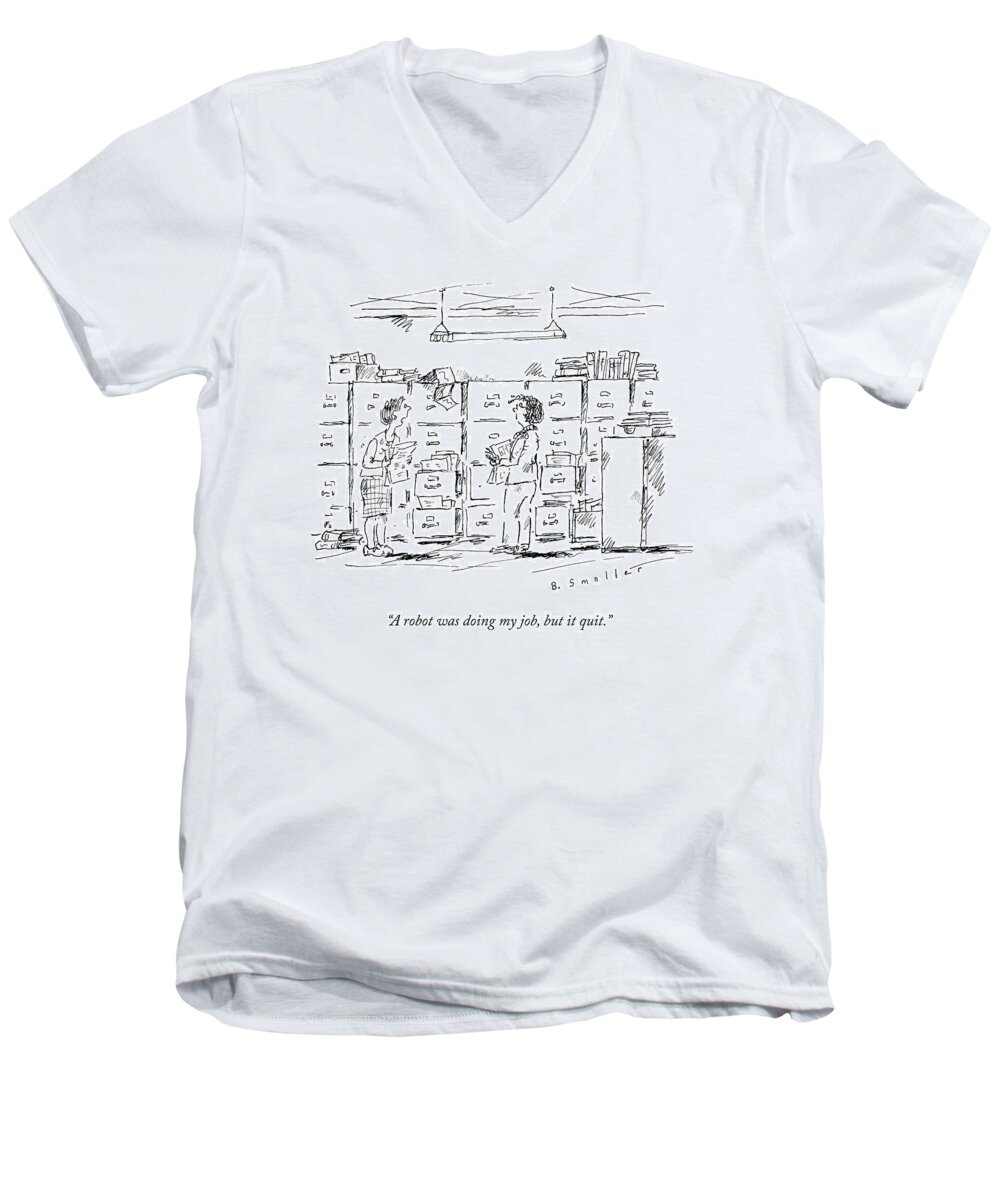 Office Men's V-Neck T-Shirt featuring the drawing A Woman In A Room Full Of File Cabinets Speaks by Barbara Smaller