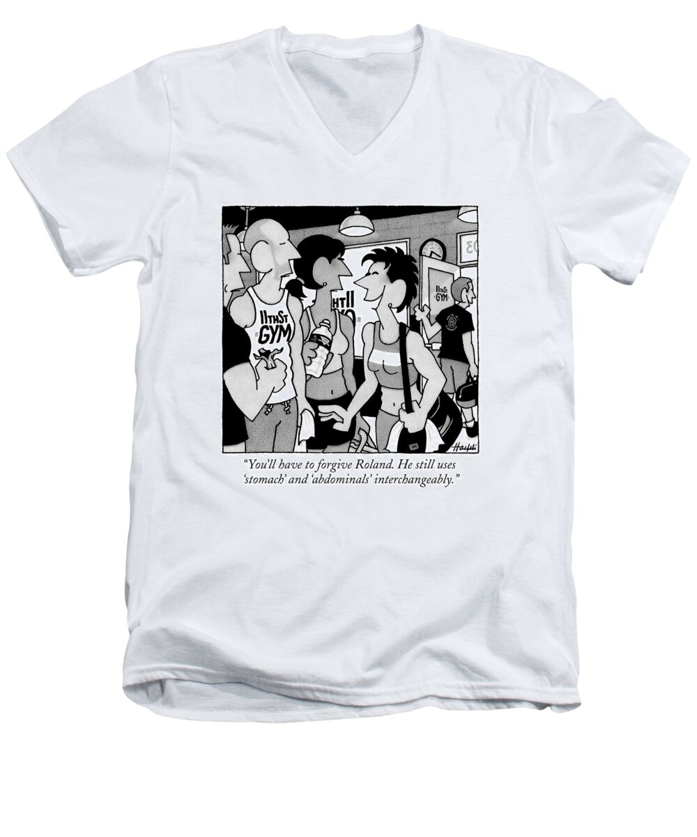 Exercise Men's V-Neck T-Shirt featuring the drawing A Woman In Gym Clothing Speaks To A Group by William Haefeli