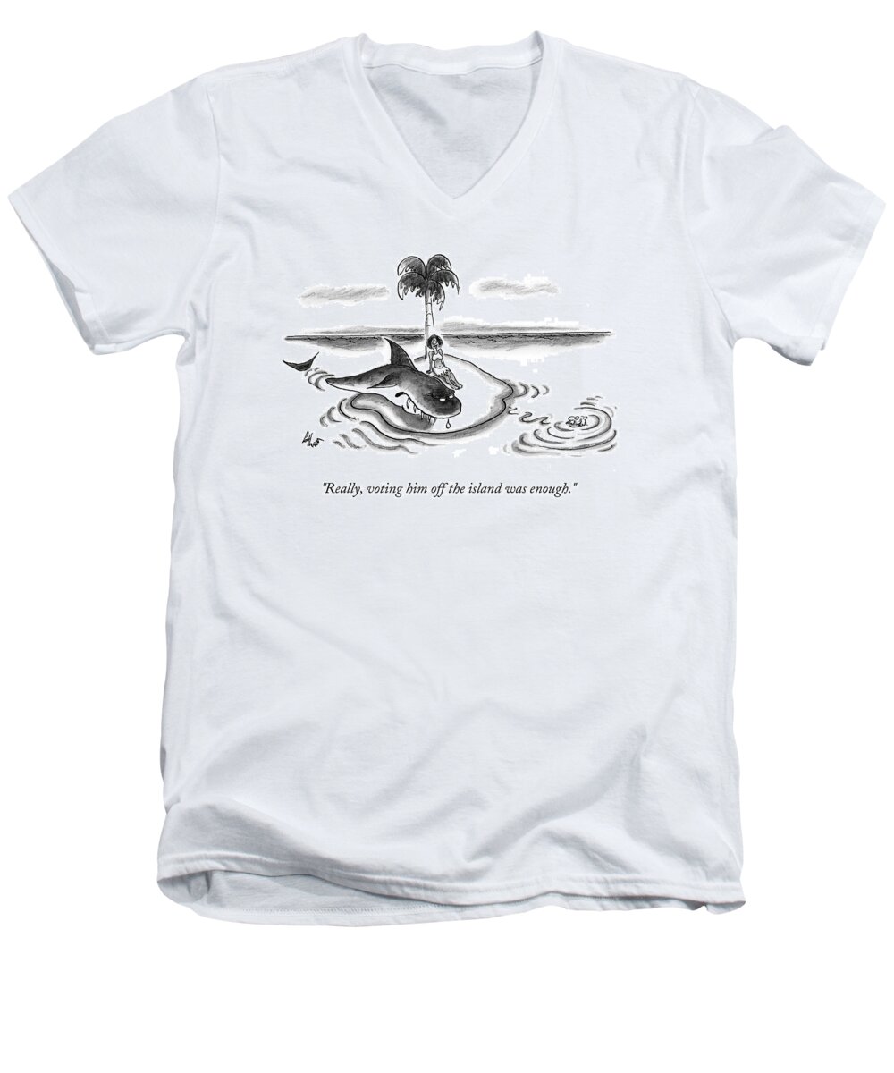 Shark Men's V-Neck T-Shirt featuring the drawing A Woman Is Seen On A Deserted Island With A Shark by Frank Cotham