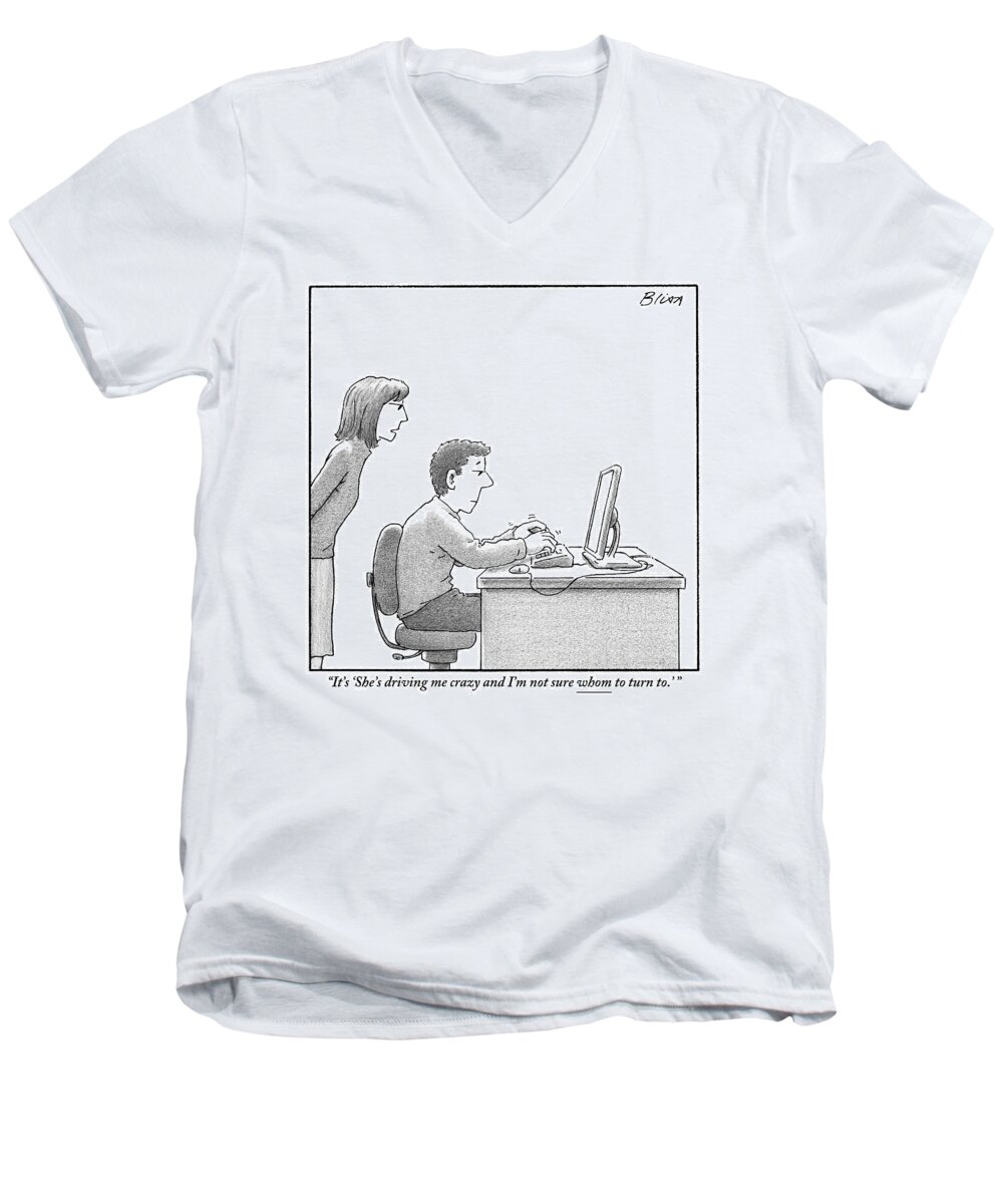 Computer Men's V-Neck T-Shirt featuring the drawing A Woman Looks Over Her Husband's Shoulder by Harry Bliss