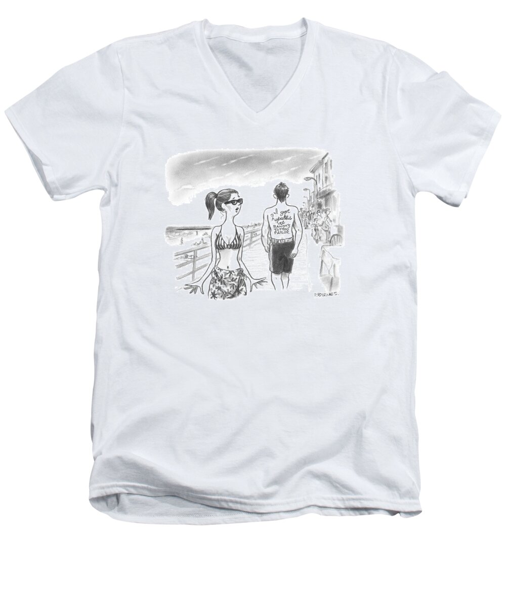 Tattoos Men's V-Neck T-Shirt featuring the drawing A Woman Passes A Man On The Boardwalk. Tattooed by Pat Byrnes