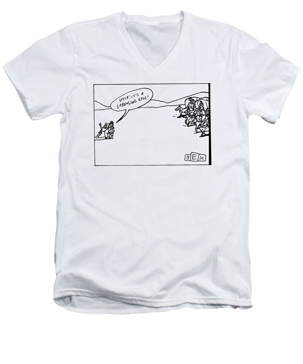Help Men's V-Neck T-Shirt featuring the drawing A Woman Shouts by Bruce Eric Kaplan