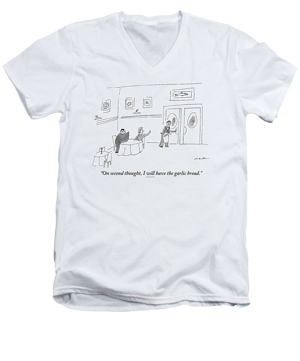 Vampires Men's V-Neck T-Shirt featuring the drawing A Woman Sitting At A Table With A Vampire Says by Michael Maslin