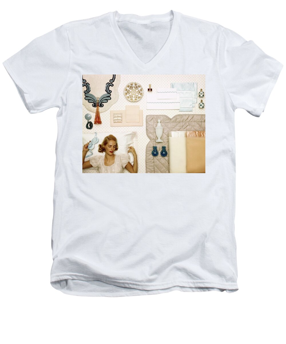 Bedroom Men's V-Neck T-Shirt featuring the photograph A Woman Sleeping Next To An Assorted Range by Geoffrey Baker
