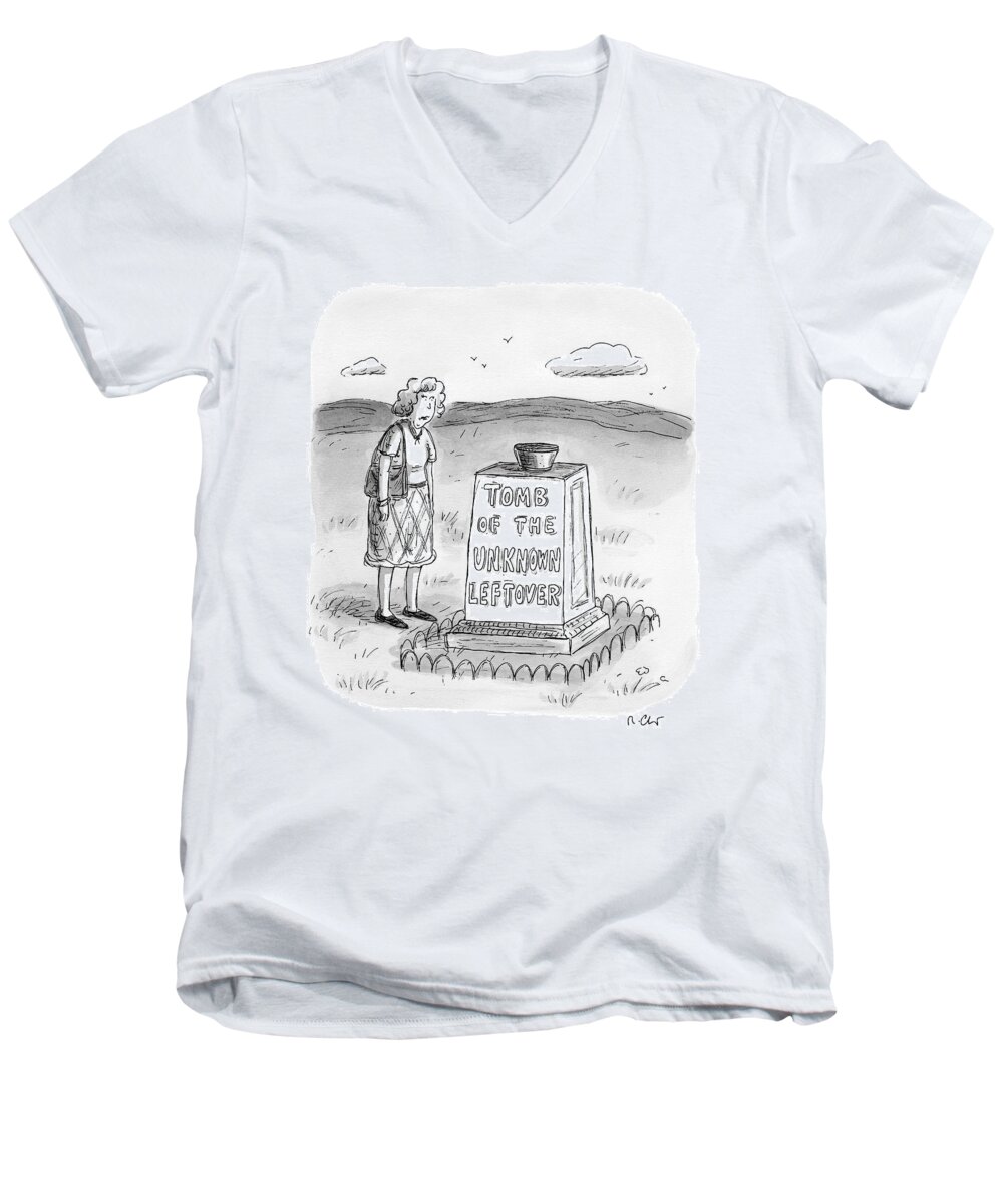 Tombs Men's V-Neck T-Shirt featuring the drawing A Woman Stands In Front Of A Tomb With A Bowl by Roz Chast