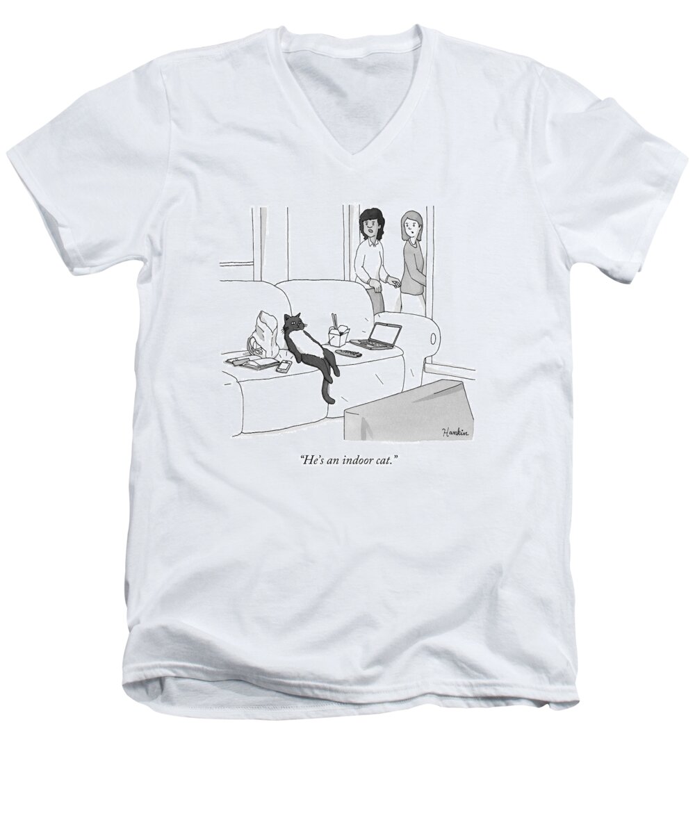 Pet Men's V-Neck T-Shirt featuring the drawing He's an Indoor Cat by Charlie Hankin