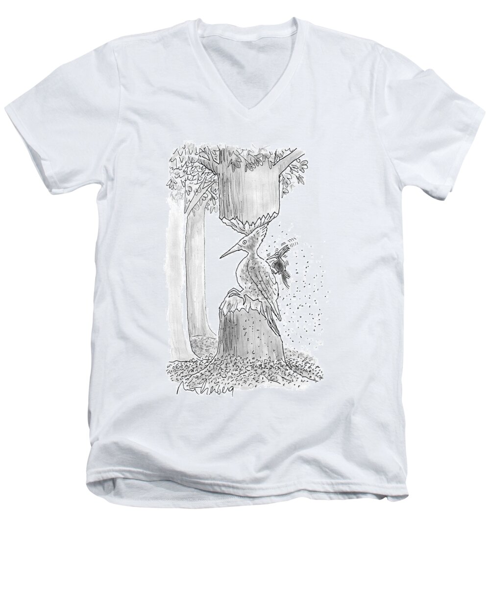 Trees Men's V-Neck T-Shirt featuring the drawing A Woodpecker Is Using His Beak To Carve Is Own by Mort Gerberg