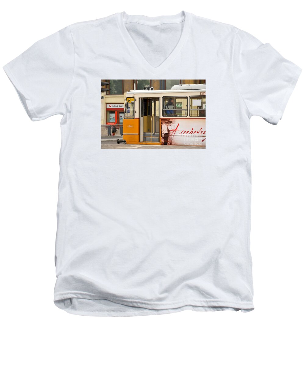 Tram Men's V-Neck T-Shirt featuring the photograph A yellow tram on the streets of Budapest Hungary by Imran Ahmed
