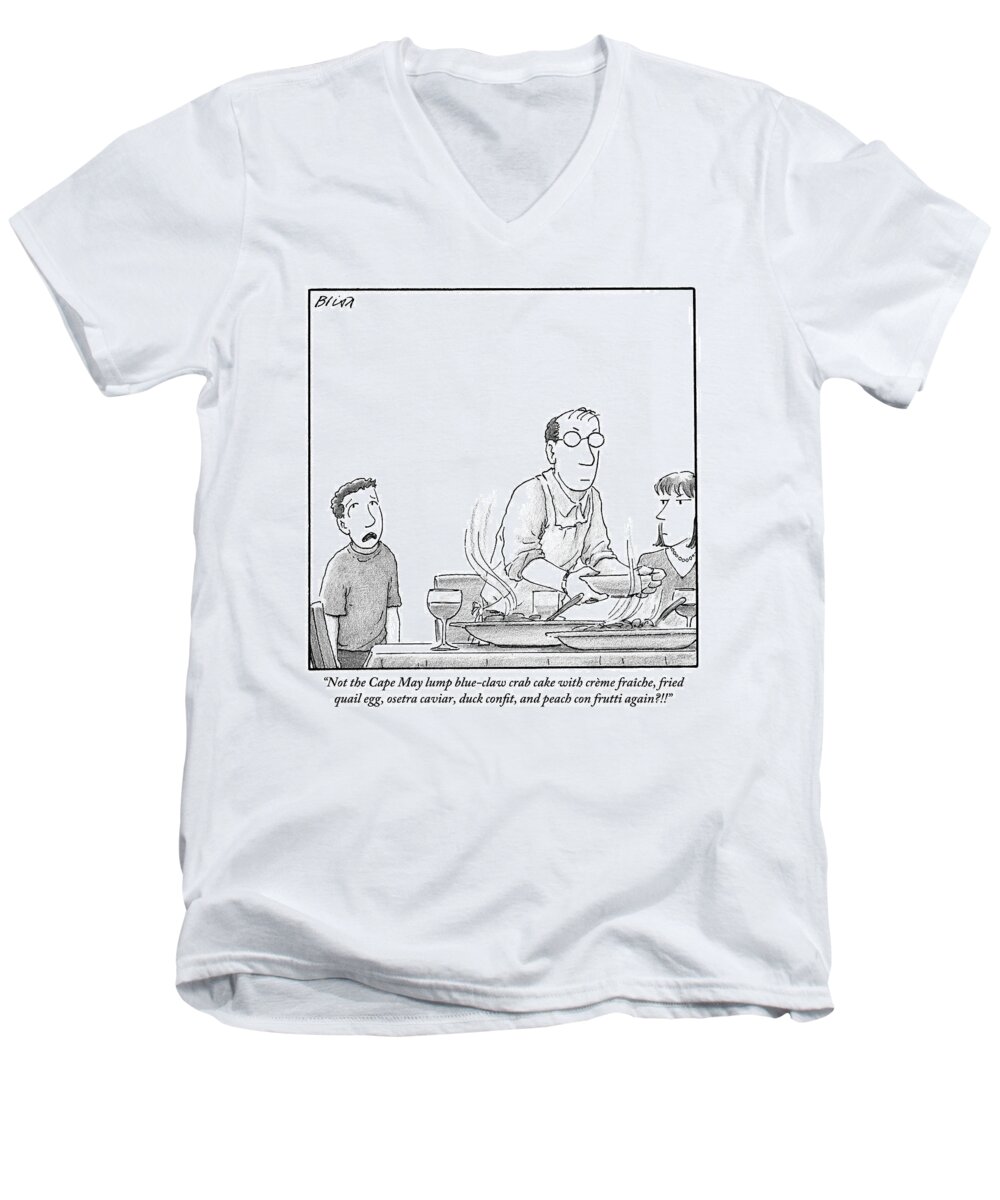 Children Men's V-Neck T-Shirt featuring the drawing A Young Boy Complains About What's For Dinner by Harry Bliss