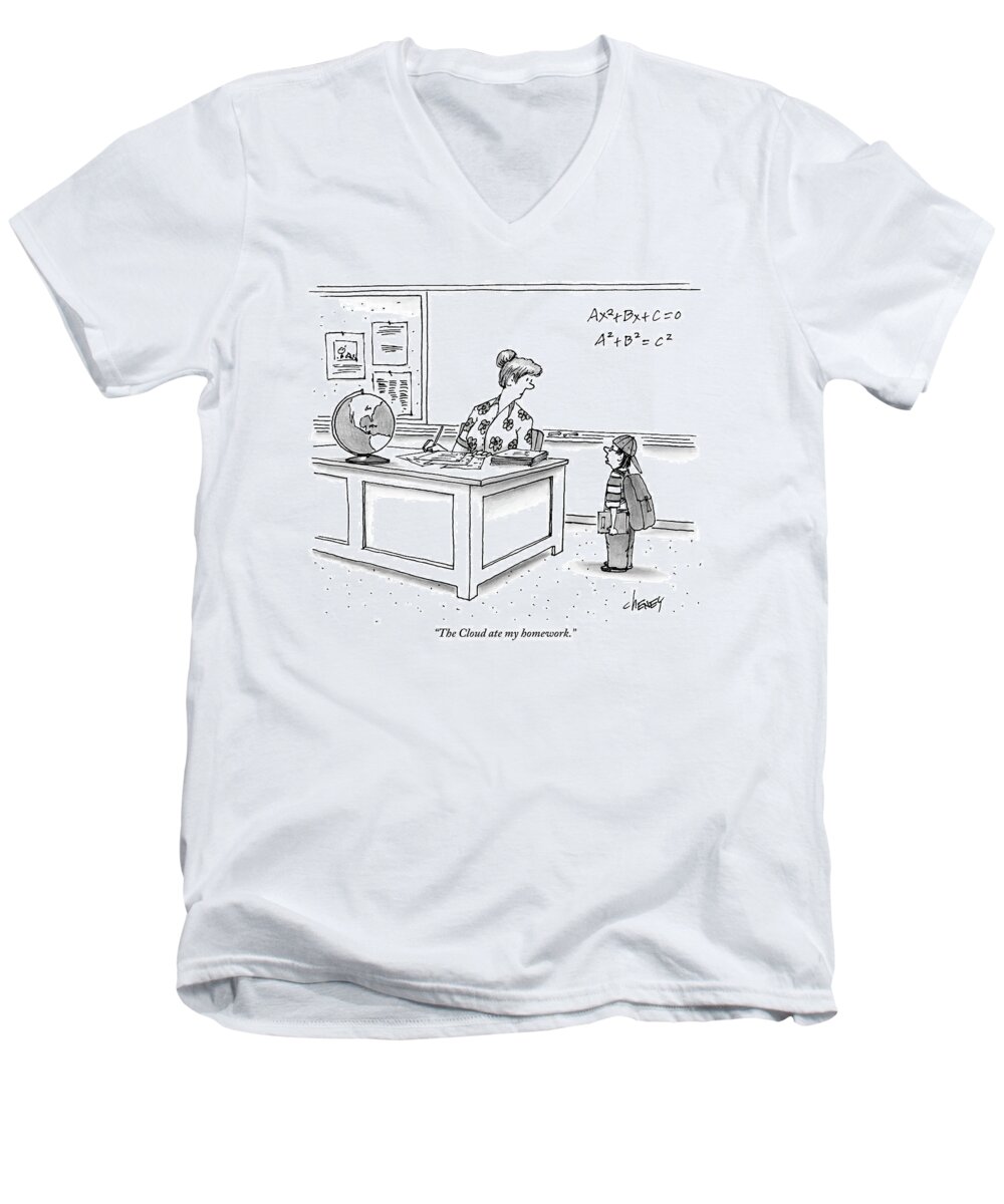 Cloud Men's V-Neck T-Shirt featuring the drawing A Young Boy Speaks To His Teacher In A Classroom by Tom Cheney