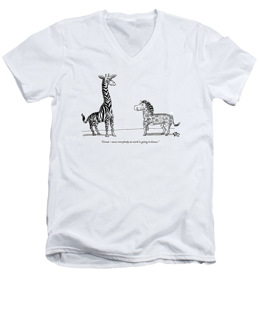 Love Affair Men's V-Neck T-Shirt featuring the drawing A Zebra With Giraffe Spots Is Seen Speaking by Farley Katz