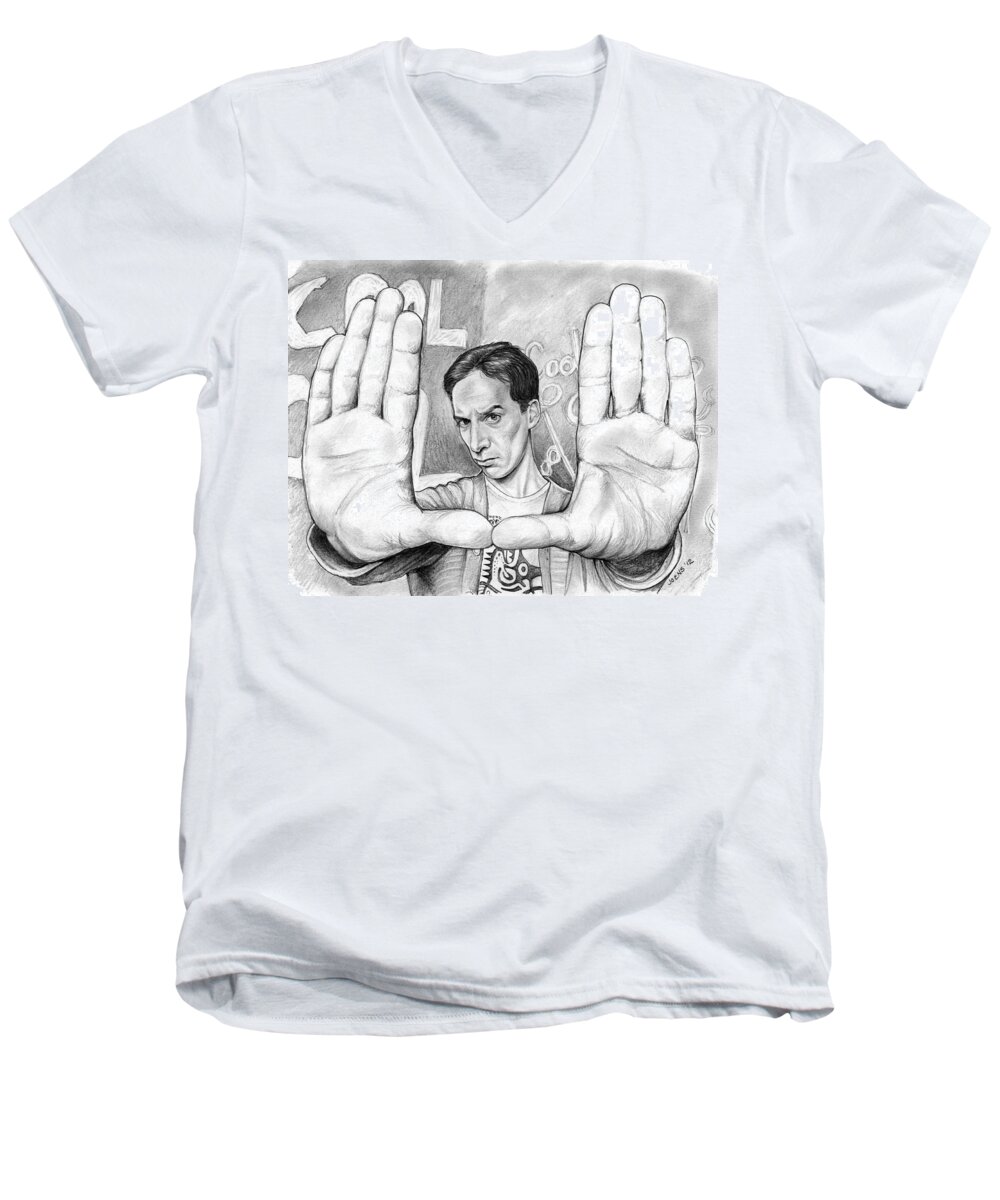 Comedian Men's V-Neck T-Shirt featuring the drawing Actor Danny Pudi by Greg Joens