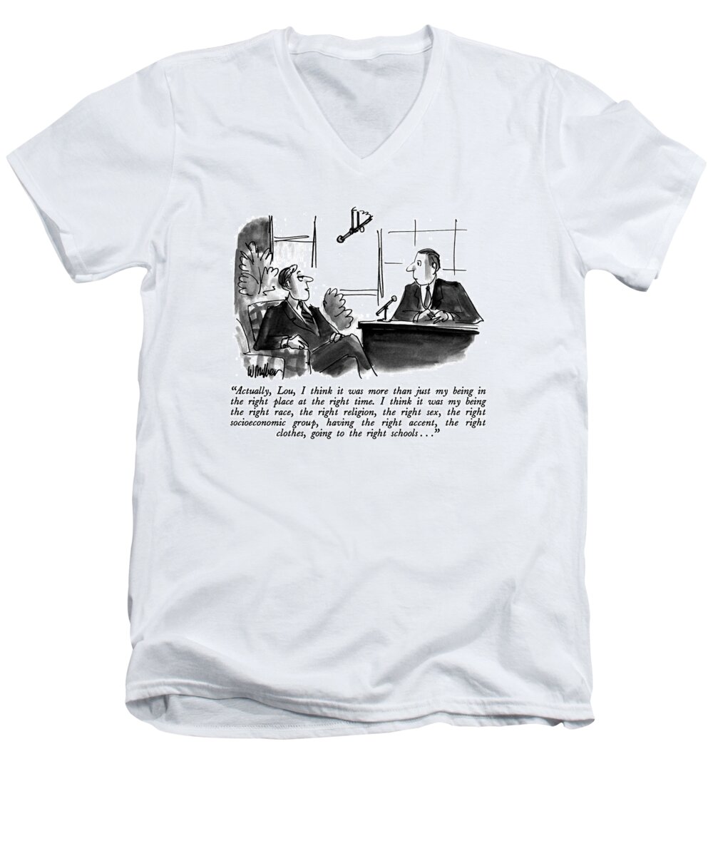 Entertainment Men's V-Neck T-Shirt featuring the drawing Actually, Lou, I Think It Was More Than by Warren Miller