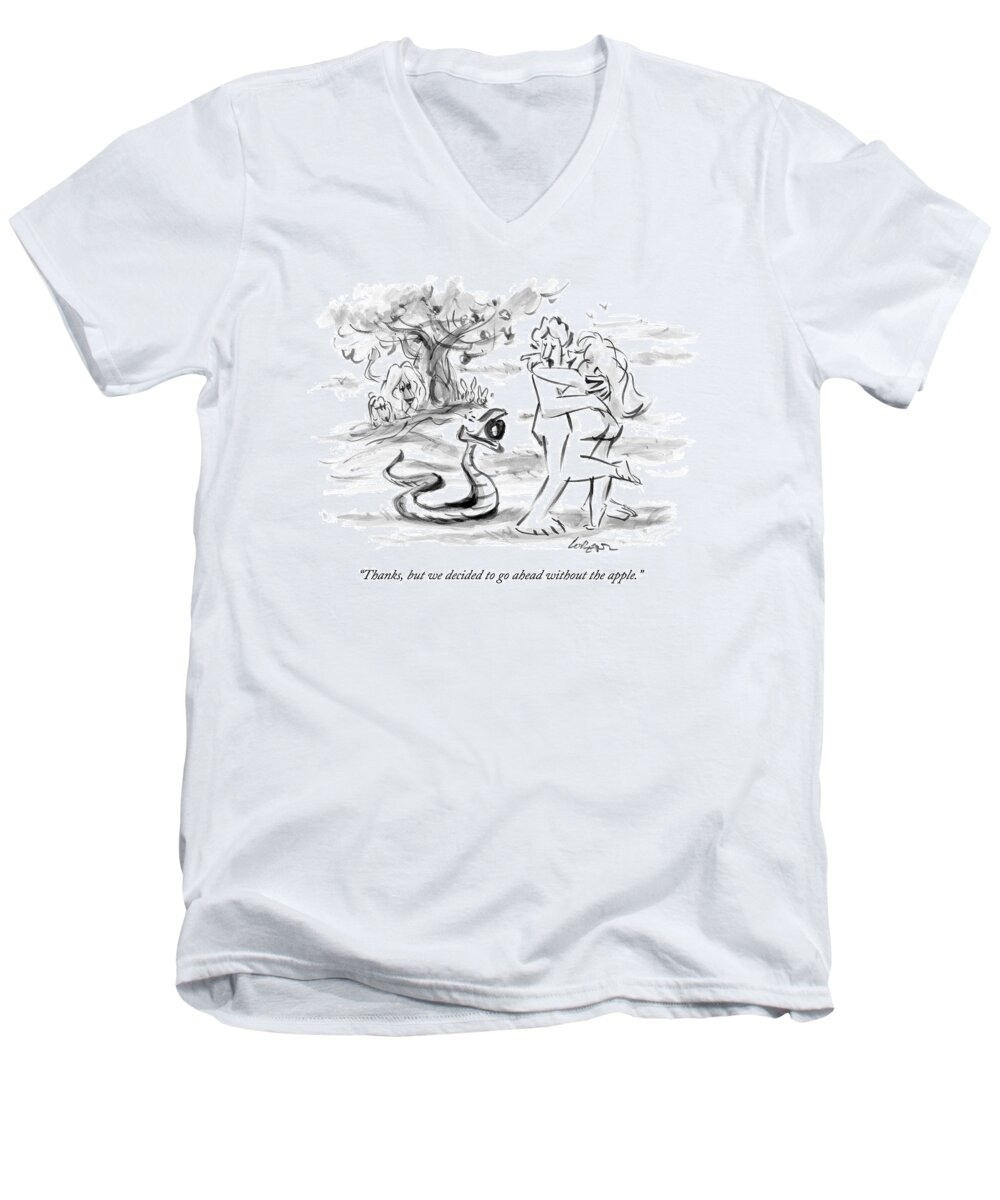 Adam And Eve Men's V-Neck T-Shirt featuring the drawing Adam And Eve Embrace In The Garden Of Eden by Lee Lorenz
