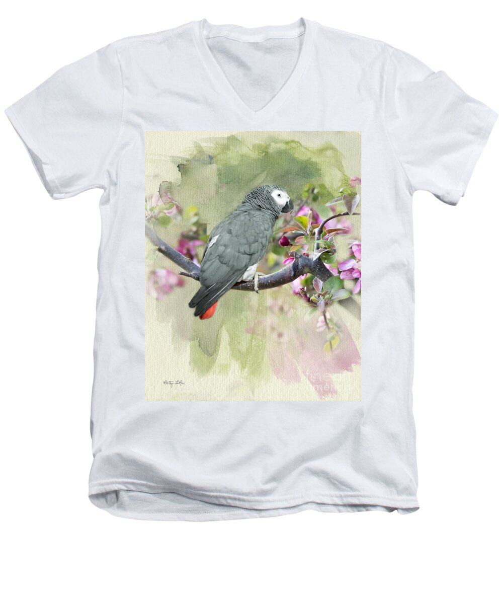 African Gray Parrot Men's V-Neck T-Shirt featuring the photograph African Gray Among the Blossoms by Betty LaRue