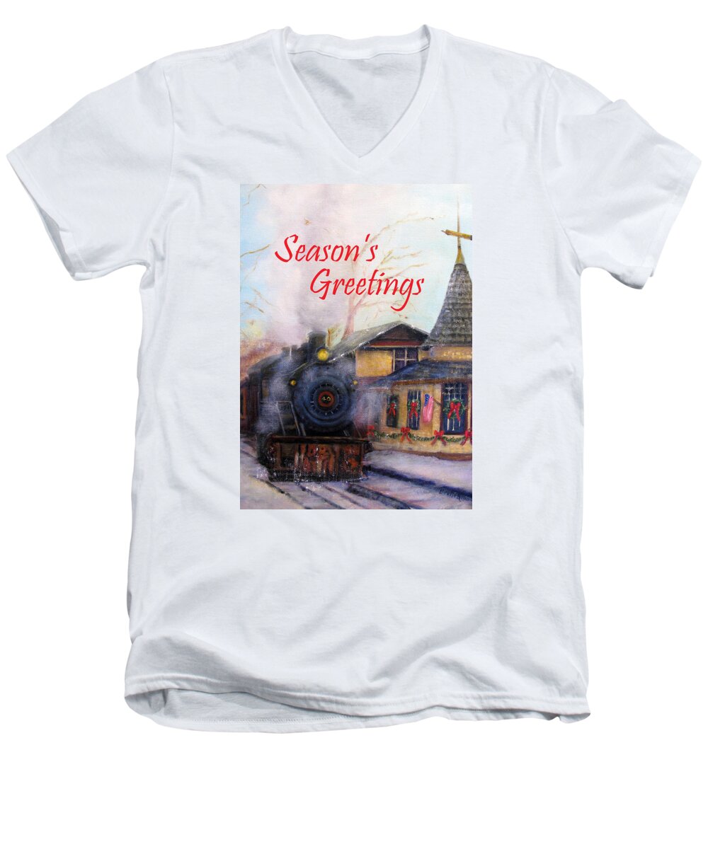New Hope Men's V-Neck T-Shirt featuring the painting All Aboard at the New Hope Train Station Card by Loretta Luglio