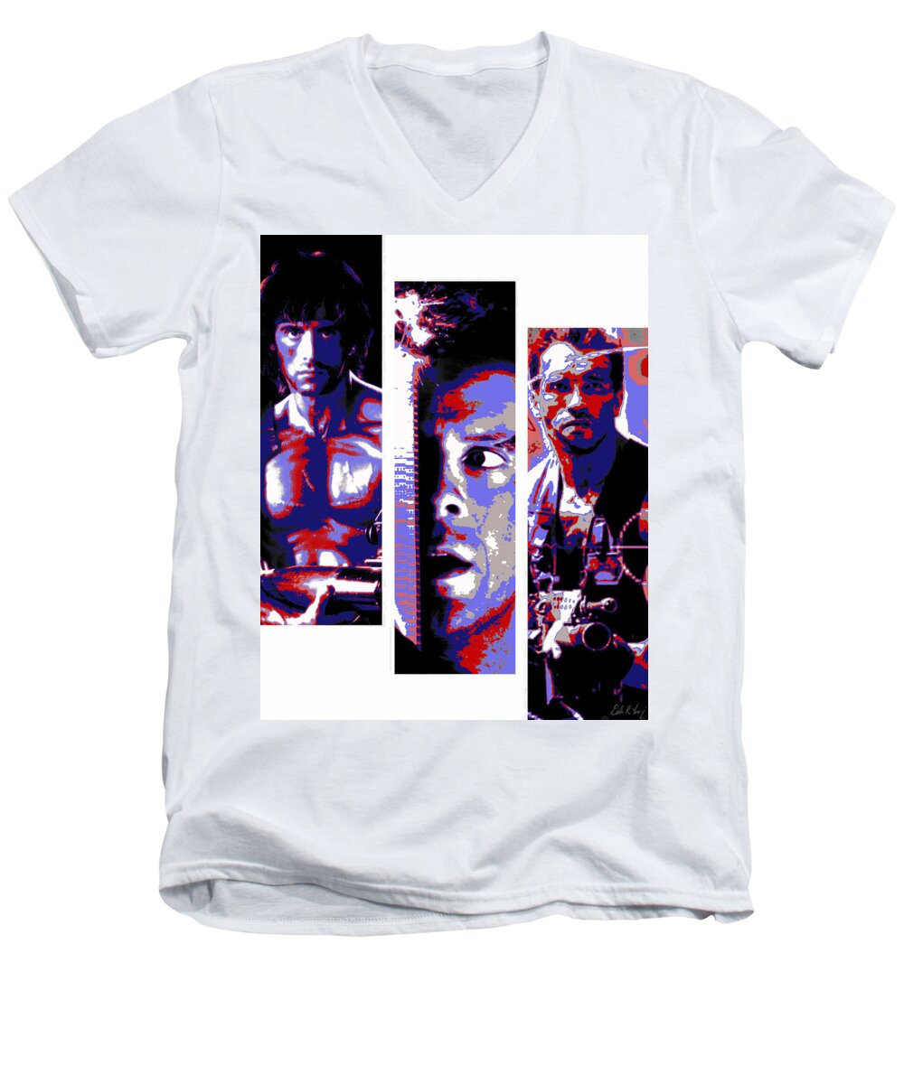 Rambo Men's V-Neck T-Shirt featuring the digital art All-American 80's Action Movies by Dale Loos Jr