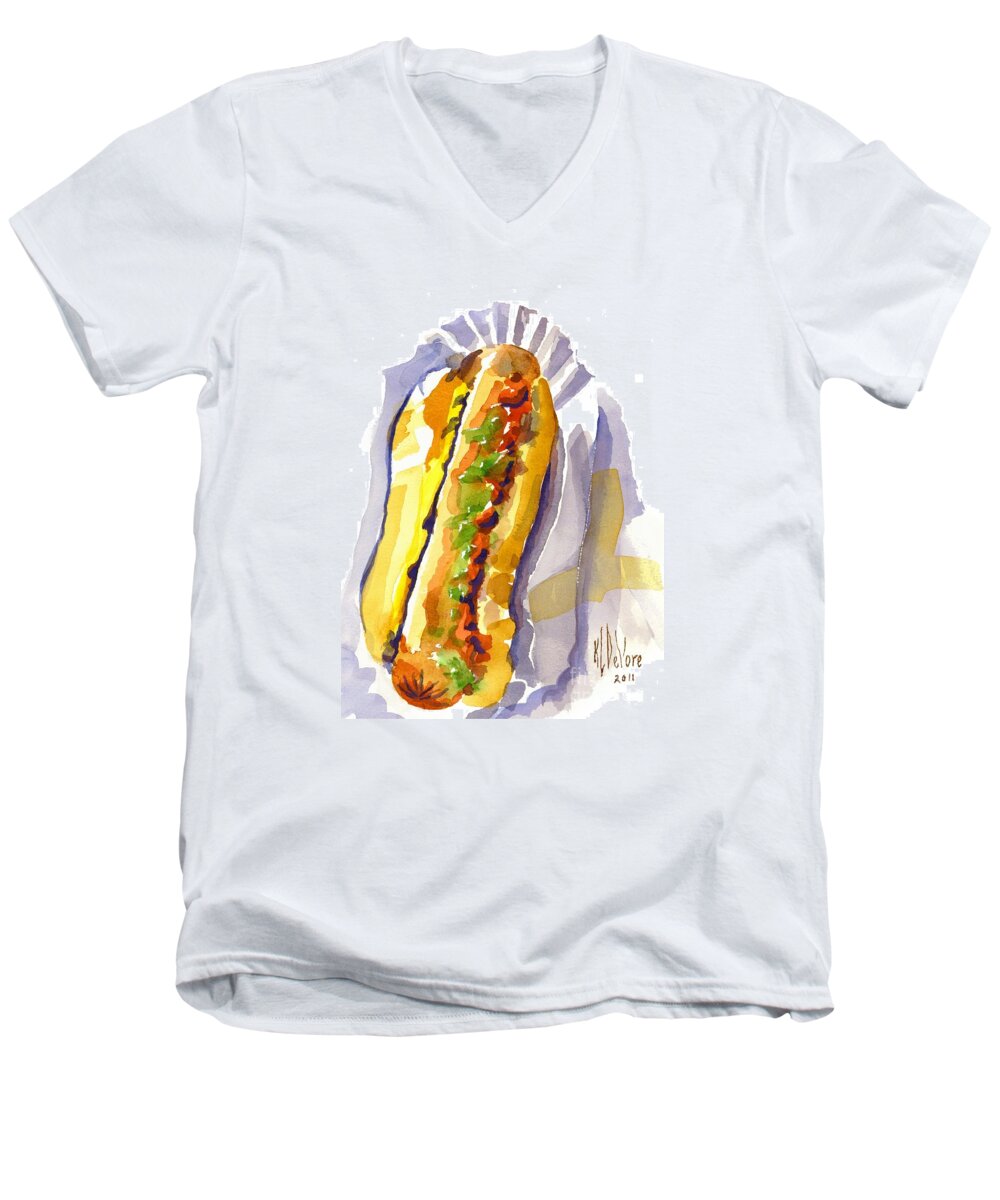 All Beef Ballpark Hot Dog With The Works To Go In Broad Daylight Men's V-Neck T-Shirt featuring the painting All Beef Ballpark Hot Dog with the Works to Go in Broad Daylight by Kip DeVore