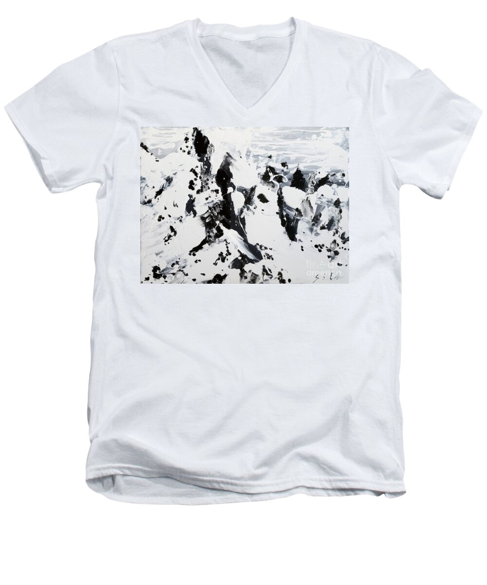 Black And White Painting Men's V-Neck T-Shirt featuring the painting Alps In Black And White by Lidija Ivanek - SiLa